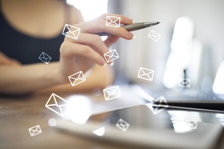 Messages icons on virtual screen. Communication concept.の写真素材