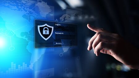 Access window with login and password on virtual screen. Cyber security and personal data protection...