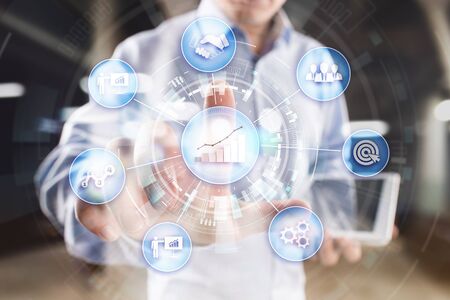 Business process and strategy concept on virtual screen background. Innovation and solutions for...