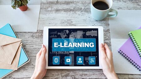 E-learning, online education concept on device screen.の写真素材