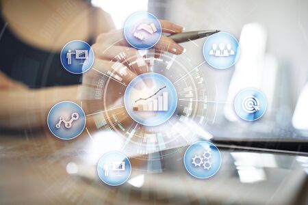 Business process and strategy concept on virtual screen background. Innovation and solutions for...