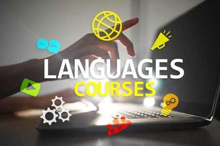 Language courses, Online learning, English shool, E-learning concept on virtual screen.の写真素材