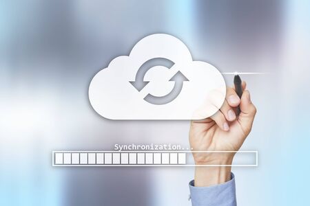 Cloud synchronization, Data storage, internet and computing concept on virtual screen.の写真素材