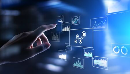Big data analysis, business intelligence, technology solutions concept on virtual screen.