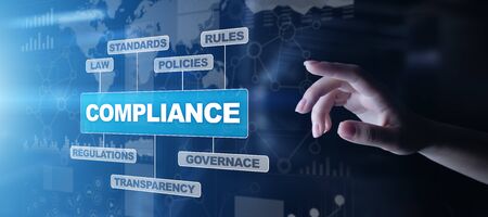 Compliance concept with icons and text. Regulations, law, standards, requirements, audit diagram on...