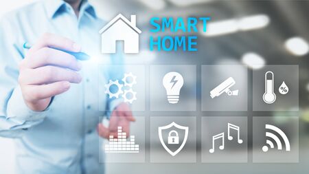 Smart home control panel on virtual screen. Internet of things, IOT, process automation concept.の写真素材