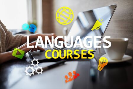 Language courses for E-learning concept on virtual screen.の写真素材