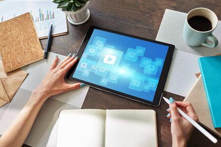 Play video button. Media player window on screen. Streaming. Marketing content strategy.の写真素材
