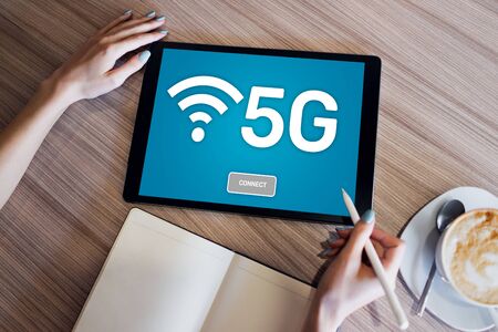 5g Fast mobile internet connection, new generation communication and modern technology concept.の写真素材