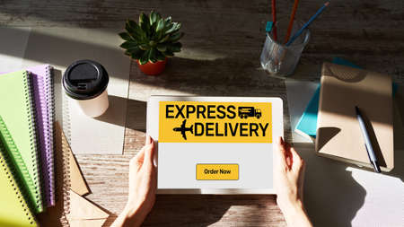 Express delivery form on screen, transportation and logistic concept. Online shopping.の写真素材