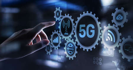 5G Fifth generation of mobile internet. Fast connection. Telecommunication concept on virtual screen.の写真素材