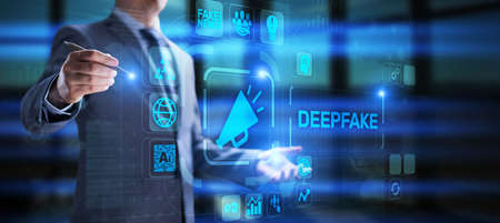 Deepfake deep learning fake news generator modern internet technology concept.