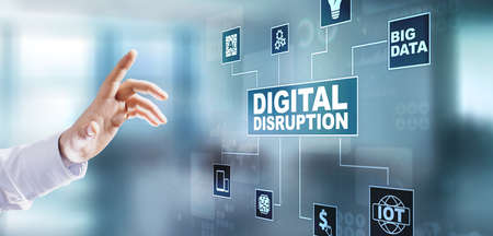 Digital Disruption. Disruptive business ideas. IOT internet of things, network, smart city and machines, big data, cloud, analytics, web-scale IT, Artificial intelligence, AI.の写真素材