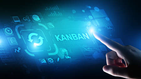 Kanban work flow process management system concept on virtual screen.の写真素材