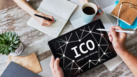 ICO - Initial coin offering. Blockchain and financial technology concept.の写真素材