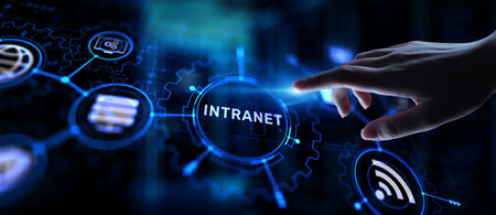 Intranet Business Corporate communication document management system dms. Privacy cybersecurity technology concept on virtual screen.の写真素材