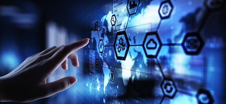 Automation and smart industry 4.0, Internet of things, IOT, Gears and system structure on virtual screen. Business and technology concept.の写真素材