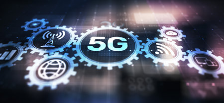 5G Fifth generation of mobile internet. Fast connection. Telecommunication concept on virtual screen.の写真素材