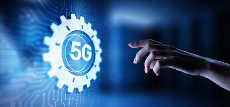 5G Fifth generation of mobile internet. fast connection. Telecommunication concept on virtual screen.の写真素材