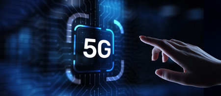 5G Fifth generation of mobile internet. fast connection. Telecommunication concept on virtual screen.の写真素材