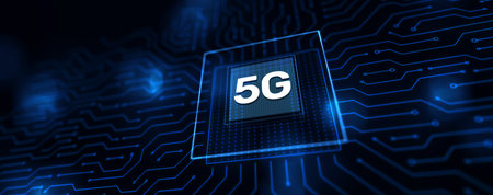 5G Fifth generation of mobile internet. fast connection. Telecommunication concept on virtual screen.の写真素材