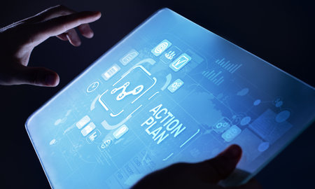 Action plan business strategy development concept on virtual screen.