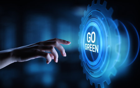 GO green eco technology ecology earth planet saving alternative energy. Button on virtual screen.の写真素材