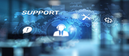 Support button on virtual screen. Customer service and communication concept.