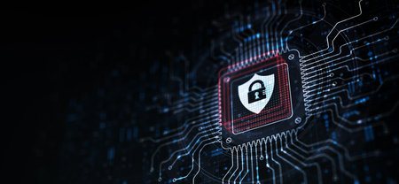 Cyber Security Protecting Systems and Data from Digital Threats Illustrated on a Processor Touched...