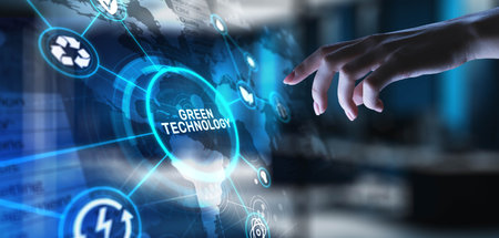 Green Technology Advancing Sustainable and Eco-Friendly Innovations, projection on a virtual screen,...