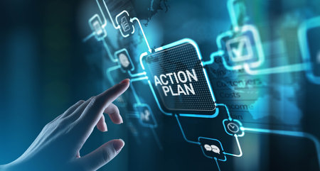 Action Plan Strategic Planning and Goal Setting, projection on a virtual screen, Business and Technology Concept.の写真素材