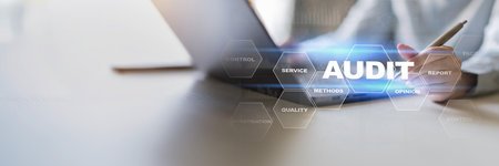 Audit Ensuring Compliance and Accuracy in Financial Reporting on a Wide Banner, Business and Technology Concept.の写真素材