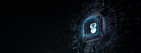 Chat Bot Automating Customer Interactions Illustrated on a Processor Touched by a Human Hand.