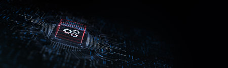 Gears Icon Representing Automation Illustrated on a Processor Touched by a Human Hand.の写真素材