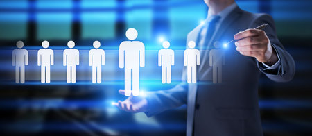 HR - Human resources management, Recruitment, Team Building, Organization infrastructure and social relations on virtual screen.の写真素材