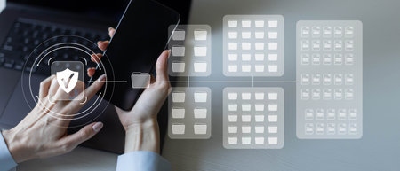 Cybersecurity and Data Protection in Digital Workflows on a Wide Banner, Business and Technology Concept.の写真素材