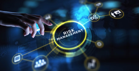Risk Management Identifying and Mitigating Business Risks, projection on a virtual screen, Business and Technology Concept.の写真素材