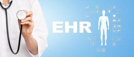 EHR Electronic Health Records and Medical Data Management Illustrated on a Virtual Screen.の写真素材
