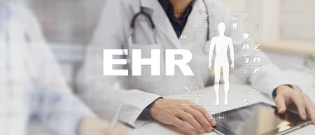 EHR Electronic Health Records and Medical Data Management Illustrated on a Virtual Screen.