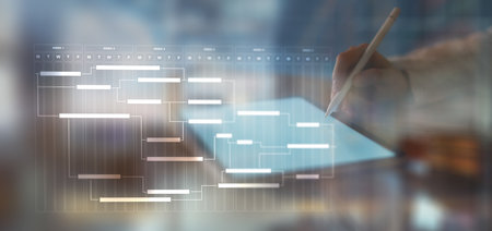Project Management and Workflow Scheduling Illustrated on a Digital Gantt Chart Interface.の写真素材