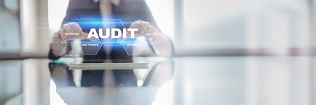 Audit Ensuring Compliance and Accuracy in Financial Reporting on a Wide Banner, Business and Technology Concept.の写真素材