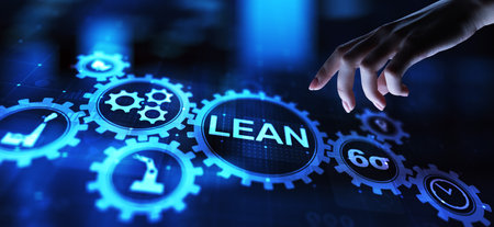 Lean, Six sigma, quality control and manufacturing process management concept on virtual screen.の写真素材