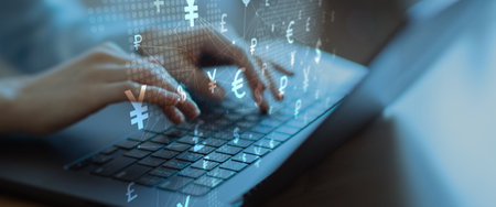 Global Currency Symbols Network Interface on Digital Tablet in Financial Technology Environment.の写真素材