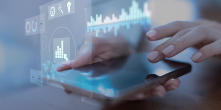 Interactive Business Analytics Dashboard Displayed on a Digital Tablet Interface.