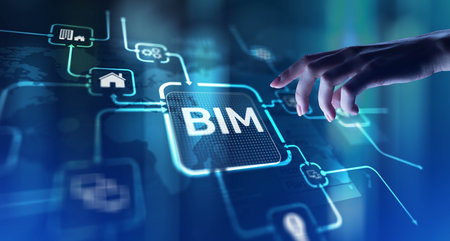 BIM Building Information Modeling for Construction Efficiency, projection on a virtual screen, Business and Technology Concept.の写真素材