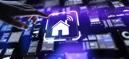 Smart Home Automating Living Spaces with Connected Devices, projection on a virtual screen, Business and Technology Concept.の写真素材