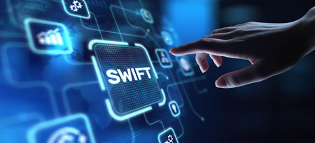 SWIFT Society for Worldwide Interbank Financial Telecommunication, projection on a virtual screen,...