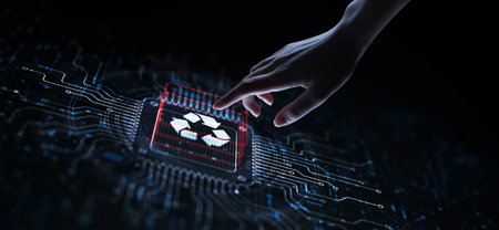 Recycle Promoting Sustainability and Waste Management Illustrated on a Processor Touched by a Human...