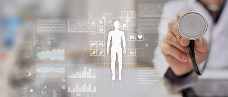 Healthcare, Telemedicine, Health Monitoring, EMR and EHR Illustrated on a Virtual Screen.の写真素材