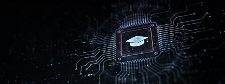 E-Learning Enhancing Education Through Digital Platforms Illustrated on a Processor Touched by a Human Hand.の写真素材